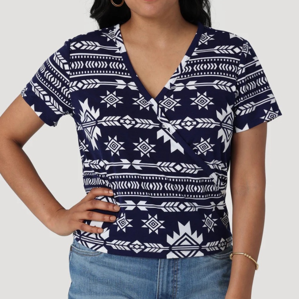 Wrangler Retro Navy Aztec Print Wrap Front Top Size 3XL NEW Surplice Geometric
